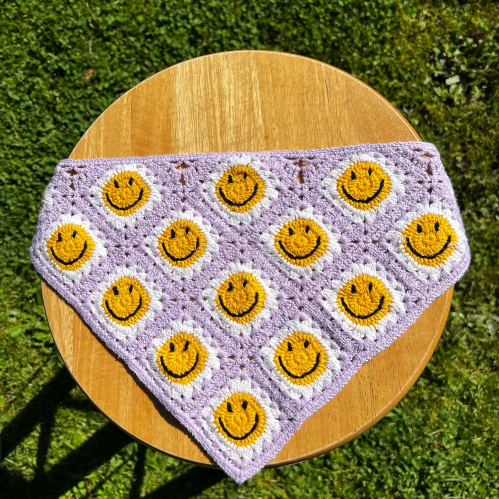 Crocheted, purple & yellow tie headwear 🙂